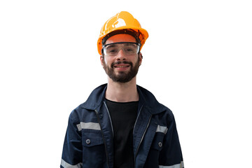 Poster - Male engineer worker wearing safety uniform and helmet on white background