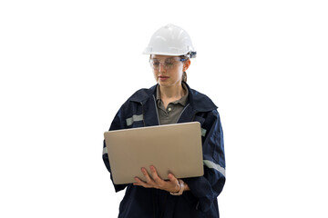 Aufkleber - Female engineer worker wearing safety uniform and helmet working with laptop computer for control machinery on white background