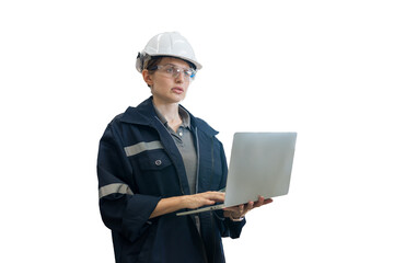 Fototapete - Female engineer worker wearing safety uniform and helmet working with laptop computer for control machinery on white background