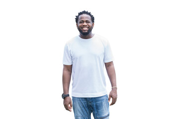 Happy smiling African American male standing on white background