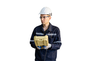 Fototapete - Male engineer using robot controller working on white background. Male technician working with control automatic device on white background