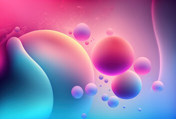 Wall Mural - Neon bubbles. Fluid drop. Oil water. Bright pink blue purple color gradient glowing circle floating art illustration abstract background.