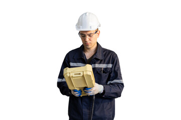 Fototapete - Male engineer using robot controller working on white background. Male technician working with control automatic device on white background