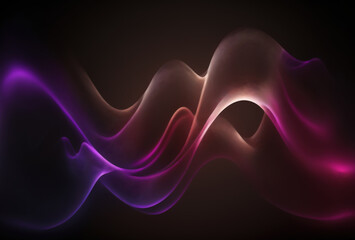 Wall Mural - Neon wave. Light curves. Defocused purple pink color gradient glowing curl mist veil motion graphic design on dark black art illustration abstract background.