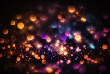 Wall Mural - Bokeh light texture. Blur glowing circles. Defocused neon purple orange blue color shiny round bubbles on dark black art illustration abstract background.