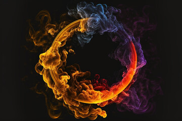 Wall Mural - Smoke ring. Heat frame. Esoteric swirl. Yellow purple blue red color glowing vapor round circle sphere on dark black art illustration abstract background with free space.
