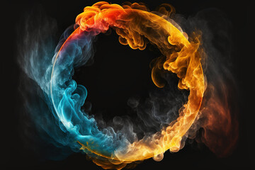 Wall Mural - Fire ring. Burning frame. Orange red color glowing round circle flame blue smoke fume on dark black art illustration abstract background with copy space.