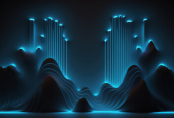 Wall Mural - Digital graphic geometric background. Defocused neon blue color glowing led light curve lines on dark black futuristic abstract art illustration.