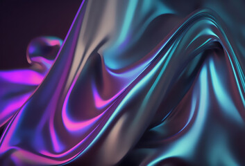 Wall Mural - Holographic background. Metallic wave. Blur neon blue pink purple color gradient glowing curve texture on dark black graphic abstract art illustration.
