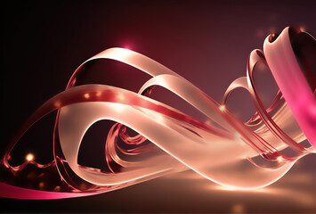 Wall Mural - Twisted ribbon. Glowing background. Pink golden color gradient light sparks curve design strips graphic on dark black abstract art illustration.