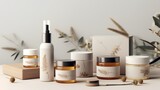 Highresolution product packaging mockups for a natural cosmetics line, featuring ecofriendly materials and minimalist design, perfect for branding presentations.