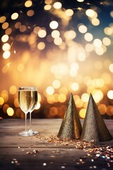 Party hats and champaign glasses on blurry fireworks background.