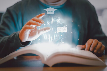 Poster - Student education back to school concept. Self learning or education knowledge and business studying concept. Idea of learning online class or e-learning at home. The concept of education.