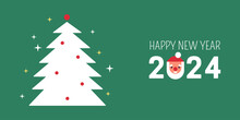 Happy New Year 2024 Banner Design. Retro Background With Abstract Xmas Tree. Colorful Vector Illustration In Flat Geometric Style