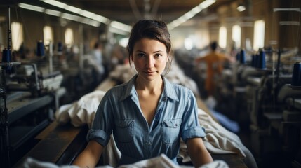 Female seamstress in a large sewing factory