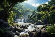 Lush Tropical Paradise, Cascading Waterfalls, Dense Foliage, Mountains Under The Sky