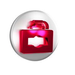 Poster - Red Cardboard box of wine icon isolated on transparent background. Silver circle button.