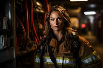 Young female firefighter, on a workday, wearing the uniform. International Women's Day.