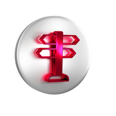 Poster - Red Road traffic sign. Signpost icon isolated on transparent background. Pointer symbol. Isolated street information sign. Direction sign. Silver circle button.