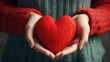 Close-up of a woman's hands holding a red heart, a symbol of love, care and support on Valentine's Day.