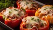 Colorful peppers are stuffed with a yummy combination of tomatoey beef and rice, then topped with melted mozzarella cheese