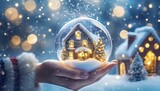 Fototapeta  - Szklana kula z zimowym świątecznym domkiem w ręku dziecka. niebieskie tło z migoczącymi światłami. Zimowa, świąteczna grafika z miejscem na tekst