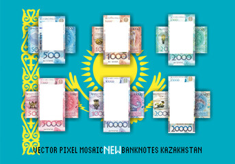 Vector set of pixel mosaic new banknotes of Kazakhstan. Collection of bills in denominations of 500, 1000, 2000, 5000, 10000 and 20000 tenge. Play money or flyers. Obverse and reverse.