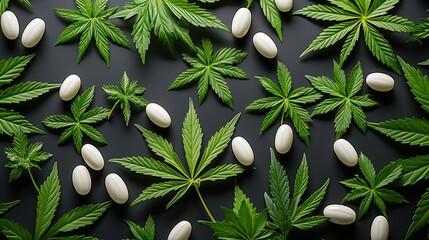 Wall Mural - CBD cannabis pills and green hemp leaves on a dark background. Copy space. Medical marijuana concept. Generative AI