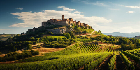 Vineyard landscape with an old winery building on a hill on a sunny day. Rows of grapes. Generative AI