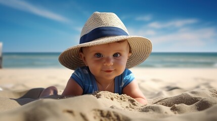 Against the background of a calm blue sea, a smiling child in a hat looks at the camera on the soft sand of the beach, blue sky with white clouds.