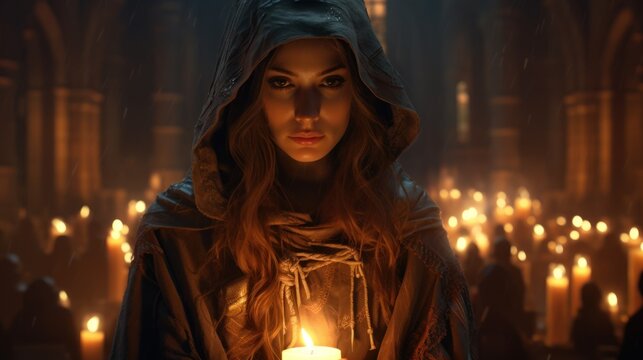 A young brown-haired woman in a black cloak with a hood on her head looks at the camera, in the background is a temple with burning candles.
