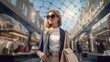 © ProPhotos - Portrait of a blonde woman in sunglasses walking down the street with shopping bags, shops in the background