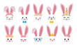 Rabbit faces. Cartoon bunny ears and faces with decorative elements. Funny bunnies in glasses, animal in flower wreath. Decor elements for Easter party vector set