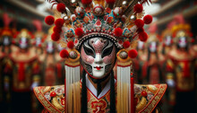 Chinese New Year A Person In A Traditional Chinese Opera Costume With An Intricate Mask, As Described.