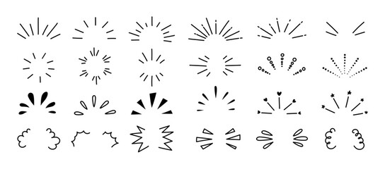 doodle line sparkles and rays. hand drawn explosion lines confetti, sun burst, decorative effect sur