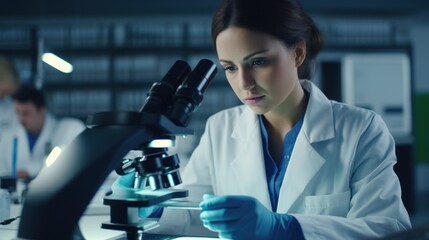 A female scientist with dark hair in a white coat analyzes a sample under a microscope on a laboratory table