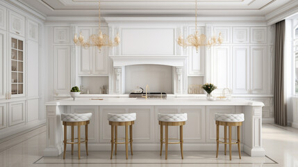 Wall Mural - Luxury white kitchen with large kitchen island. Warm white kitchen with counter tops. generative ai