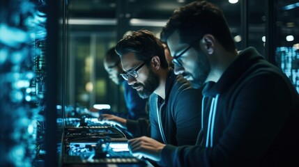 a group of engineers in a technologically advanced data center work on laptops.