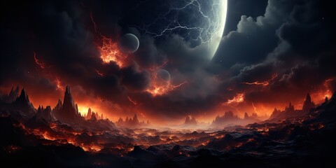 Wall Mural - A fantastical scene of a burning planet with bright stars. Generative Ai.