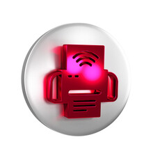 Poster - Red Smart printer system icon isolated on transparent background. Internet of things concept with wireless connection. Silver circle button.