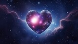 Fototapeta Kosmos - Galaxy cosmic heart background. Bright stars night sky, romantic magic night, love and Valentine’s day card. Abstract Milky Way colorful cosmos illustration with glowing hearts. .