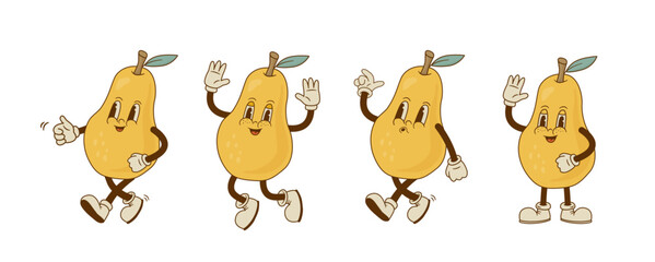 Wall Mural - Set of retro cartoon pear characters in different poses and emotion. Smiling fruit mascot on white background. Nostalgia vector illustration.