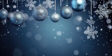 Christmas Background With Christmas Decorations. Blue Balls And Silver Snowflakes