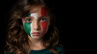 Portrait of Italian little girl with her face painted in Italy flag colors, isolated on black background