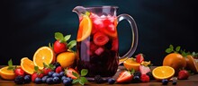 Fruity Sangria With Summer Berries In A Pitcher Copy Space Image Place For Adding Text Or Design