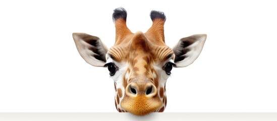 Funny looking giraffe head isolated on white background Copy space image Place for adding text or design