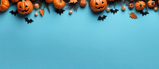 Wall Mural - halloween concept with holiday decorations bats ghosts spiders and pumpkins on blue background party