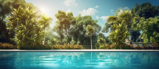 Canvas Print - Hotel s garden with a big pool and trees around Copy space image Place for adding text or design