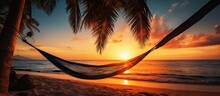 Hammock On Palm Trees At Sunset Representing Carefree Freedom On A Tropical Beach Summer Nature Exotic Shore Tranquil Travel Paradise Enjoy Life Positive Energy Copy Space Image Place For Addin
