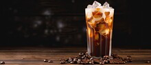 Iced Coffee With Cream And Beans On A Rustic Wooden Table Cold Drink On Black Background With Space For Text Copy Space Image Place For Adding Text Or Design